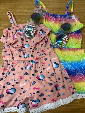 Girls Off-Shoulder Rompers with Lace Trim -  Multicolor with Sunglasses Size 5